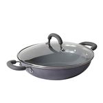 Meyer Anzen Ceramic Coated Aluminum Kadai with Glass Lid | Ceramic Kadai for Cooking | Kadhai Induction Base | Ceramic Coated Non Stick cookware | Deep Fry kadai, 30cm, Grey