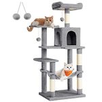 Feandrea Cat Tree, 143 cm Cat Tower for Indoor Cats, Multi-Level Plush Cat Condo with 4 Scratching Posts, 2 Perches, Cave, Hammock, Pompoms, Light Grey PCT161W01