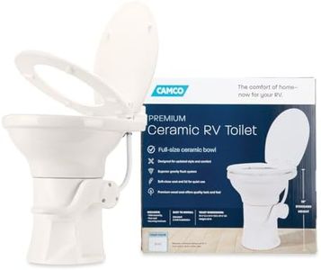 Camco Premium Ceramic Camper/RV Toilet - Features Gravity Flush System w/Convenient Foot Pedal - Full-Sized Ergonomic Design w/18" Chair Height - Soft-Close Wood Seat & Lid - Bone (41715)