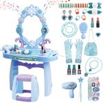 deAO Kids Vanity Table and Chair Set with Mirror and Chair, Toddler Vanity with Light & Music, Pretend Play Makeup & Hair Dryer Toy, Beauty Salon Gift for Girls Ages 3-5 (Blue)