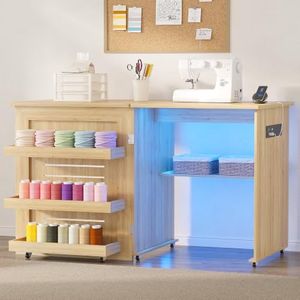 HNEBC Smart Folding Sewing Table - with LED Lights & Motion Sensor, Craft Table with 2 AC Outlets & USB Ports, Compact Sewing Machine Desk with Storage Shelves and 6 Wheels for Home(Natural)