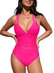 CUPSHE Women's One Piece Swimsuit Tummy Control Deep V Neck Double Straps Crisscross Back Tie Bathing Suit, Neon Pink, Medium