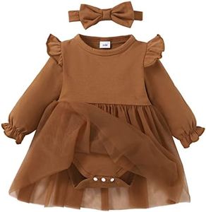 SOBOWO Infant Brownn Dress Baby Girl Outfits Infant Ruffle Long Sleeve Romper Dress Headband Clothes Jumpsuit Tutu Skirt Set Party(6-12 Months, Brown L)