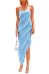 PRETTYGARDEN Women's Summer Long Formal Cocktail Dress Strapless Tube Asymmetrical Ruffle Maxi Bodycon Dresses (Light Blue,Large)