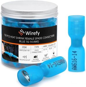 Wirefy 150 PCS Wire Spade Connectors - Female Spade Connector Heat Shrink - Quick Disconnect Wire Connectors - Electrical Spade Terminals - Female Spade Connector 16-14 Gauge | Blue Spade Connectors