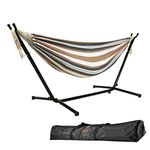 Goutime 9Ft Double Hammock with Stand,550 lbs Capacity, Includes Portable Carrying Bag Perfect for Indoor Outdoor Patio, Deck, Yard,Balcony (Brown&White)