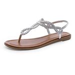 CentroPoint Women's Braided T-Strap Thong Slip On Flat Sandals with Elastic Brand Roman Gladiator Fashion Flip Flop Shoes(Silver PU, Numeric_7)