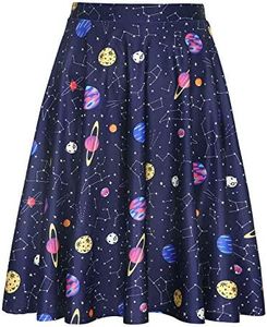 HDE Skirts for Women - Midi Skirt Skater Skirt Knee Length High Waist Fun Prints, Solar System, Medium