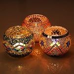 Belle Vous 3 Pack Stained Glass Votive Tealight & Candle Holder Set - W10.2 x H7.8cm/4.02 x 3.07 Inches - Mosaic Round Centrepiece - Home Ornament, Wedding Table Decoration & Aromatherapy Gift