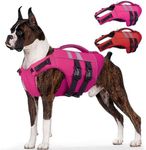 Kuoser XXL Dog Life Jacket, High Flotation Large Dog Life Vest for Swimming Boating, Reflective Dog Swimming Vest Pet Life Preserver with Rescue Handle, Rose XXL