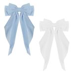 ZEVONDA 2 Pieces Big Bow Barrettes - Chiffon Hair Bow Big Hair Bow Clips French Bowknot with Long Tail Solid Color Bowknot Metal Hairpin Women Girl (Blue+White)