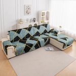HOKIPO 'Elira Series' Printed Quilted One-Piece L Shape 5 Seater (3+2) Sofa Cover with Right Chaise | Anti-Slip Design, Multicolor Abstract Geometry (AR-6229-C10)