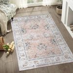 TOPICK Area Rug 90x150cm Entryway Pink Floral Machine Washable Rug Vintage Accent Kitchen Rug Chenille Print Floor Cover Indoor Thin Rug Non Slip Carpet Living Room Office Dining Room