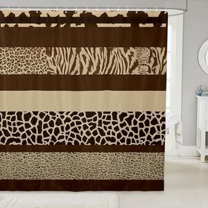 Zebra Stripes Shower Curtain with Hooks Giraffe Print Shower Curtain Brown Zebra Giraffe Skin Texture Bath Curtain for Kids Boys Girls Zoo Animal Fur Waterproof Cloth Fabric Bathroom Decor 72x84 Inch
