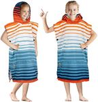SUN CUBE Kids Changing Robe Surf Poncho, Kids Beach Towels, Hooded Towel for Teens Bath Pool, Microfiber Quick Dry Wearable Towel Poncho with Hood, Swim Towel for Girls 8-12 Years, Orange Stripe