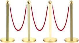 PioneerWorks 4pcs Velvet Ropes and Posts, 5 ft Red Velvet Rope Crowd Control Barriers Gold Stanchions Post with Ball Top, Red Carpet Poles for Red Carpet, Parties, Wedding, Exhibition