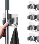 SITTELLA® 2 Pieces Stainless Steel 1 Rack with 1 Hook Heavy Duty Wall Mounted Broom and Mop Stick Holder, Hanging Tools for Home Kitchen Garden Laundry Garage (Silver)