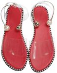 OYOANGLE Women's Pearl Decor Clear Straps Open Toe Flat Sandals Leather Outdoor Beach Sandals Light Red 8.5