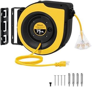WILAWELS Retractable Cord Reel, 75 FT (22.86M) Heavy Duty Extension Cord, 14AWG/3C SJTOW, 3 Grounded Outlets Lighted Triple Tap, 10A Circuit Breaker, Wall/Ceiling Mounted, UL Listed, Yellow Y75CR06