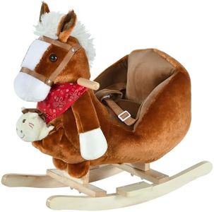 Qaba Kids Ride-On Rocking Horse Toy, Rocker with Lullaby Song, Hand Puppets & Soft Plush Fabric for Children 18-36 Months, Brown