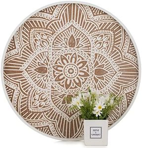 Large Round Wood Decorative Tray: Hanobe Rustic Coffee Table Tray Farmhouse Tray Decor White Washed Centerpiece Wooden Serving Trays Rounded Tray for Kitchen Counter Boho Ottoman Tray for Home