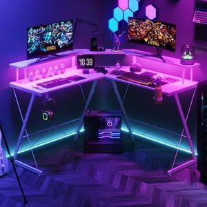 Ufurniture Gaming Desk L Shaped Desk, Corner Desk Metal Frame Sturdy Computer Desk with LED Lights & Power Outlets, Home Office Desk with Cup Holder and Headphone Hook, White