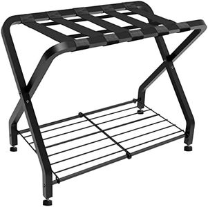 Whoonba Folding Luggage Rack with 2-tiers Storage Shelf, Foldable Steel Frame Luggage Organizers for Suitcase, Metal Luggage Holder for Guest room, Bedroom, Hotel, Closet, Black, 1pack