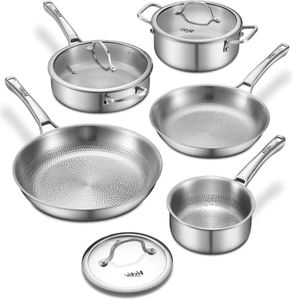 Titanium pans for cooking Non Stick with lid,8pcs Uncoated Hammered titanium pro frying pan, PFAS Free Cookware, Butter warmer skillet, Induction & Oven-Safe