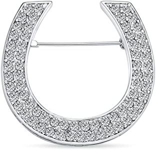 Large Western Fashion Statement Equestrian Cubic Zirconia Pave CZ Scarf Horseshoe Brooch Pin for Women Silver Plated Brass