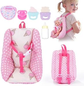 BABESIDE Baby Doll Car Seat, Doll Carrier Toy, Baby Doll Accessories with Bib, Rattle, Doll Bottle Feeding Set for 10-12 Inch Dolls