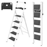 HBTower Step Ladder, 5 Step Ladder Folding Step Stool with Tool Platform, Portable Sturdy Steel Ladder for Adults Home Outdoor Kitchen Garage, White