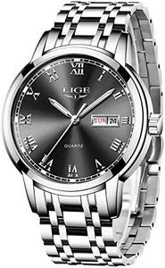 LIGE Watch for Men Fashion Elegant Analog Quartz Watch for Male Casual Waterproof Silver Stainless Steel Calendar Luxury Business Gents Dress Wristwatch Black Round Dial