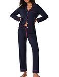 Ekouaer Sleepwear Set Women's 2 Pcs Casual Long Sleeve Sleeping Set with Pocket(Navy,M)