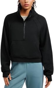 CRZ YOGA Women's Fleece Lined Half Zip Sweatshirt Soft Pullover Funnel Neck Long Sleeve Pockets Jumper Shirt with Thumb Holes Black 14