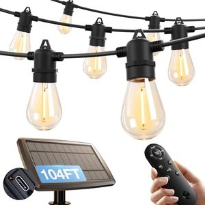 addlon 104FT(98FT+6) Solar String Lights Outdoor Waterproof with USB Port & Remote Control Solar Patio Lights for Outside Solar Powered with 52 LED Dimmable Bulbs for Porch Garden Deck Halloween