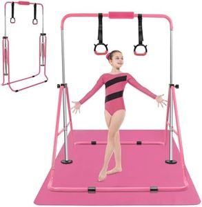 YEEGO DIRECT Gymnastics Bar for Kids, Adjustable Folding Gymnastics Bar with Mat, 3-9 Years 140lbs Capacity, Home Gym Equipment with Rings for Indoor Outdoor Use (Pink & Black)