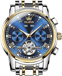 OLEVS Mens Watch Automatic Blue Dial Luxury Fancy Watches for Men Self Winding Silver Gold Stainless Steel Skeleton Tourbillon Men's Wrist Watches Fashion Big Face Relojes para Hombres