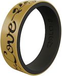 QALO Women's Rubber Silicone Ring, Love Strata Rubber Wedding Band, Breathable, Durable Engagement Silicone Ring, 6mm Wide 1.85mm Thick, Gold & Black Filigree, Size 5