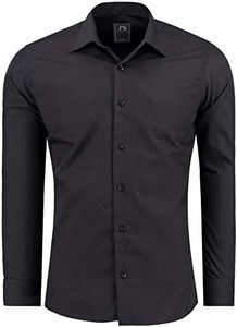 J'S FASHION Chemise pour Homme - Coupe Slim - à Manches Longues - Facile à Repasser Noir L