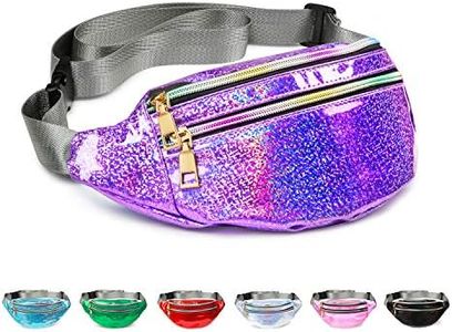 Fanny Pack Belt Bag, Holographic Fanny Packs for Women Men Kids, Fashion Waterproof Waist Pack with 3 Pouches Adjustable Strap, Shiny Causal Bags Cute Bum Bag Hip Sacks for Travel Festival Hiking Rave