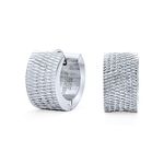 Unisex Geometric Carved Diagonal Slashes Matte Wide Hoop Huggie Earrings For Men Women Silver Tone Stainless Steel