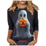 Halloween Tops for Women UK Plus Size 3/4 Length Sleeve T Shirts Novel Cute Ghost Sweatshirts Spooky Season Pullover Round Neck Loose Fit Tee Shirts Elegant Tunic Blouse 8-20