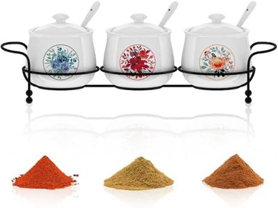 Tlence 3 Pack 7.5 OZ Ceramic Condiment Spice Jars, Seasoning Container Set with Lids and Spoons, Sugar and Salt Serving Bowls Tray for Pepper, Spices, Coffee, Tea for Home Kitchen Counter