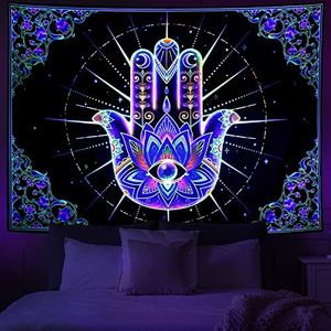 Obsecolors Blacklight Tapestry Hamsa Hand Tapestry UV Reactive Evil Eye Tapestry Black Light Tapestries Bohemian Mandala Taestry Wall Hanging for Bedroom Home Yoga Room