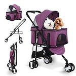 Dog Stroller Cat Stroller Pet stoller 3-in-1 Folding Dog Stroller for Small Medium Dogs Cats 3 Wheels with Detachable Carrier Storage Basket Waterproof Lightweight for Travel,Purple