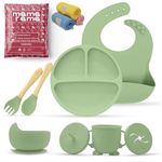 Mamarama 11 Piece Silicone Baby Feeding Set, Complete Mealtime Essentials, Includes Suction Bowl, Plate, Cup with Straw & Snack Lid, Fork, Spoon, Bib, and 3 Napkins for Babies and Toddlers (Green)