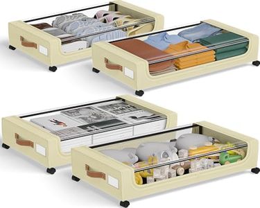 GoMaihe Under Bed Storage with Wheels: XXL Underbed Storage Containers with Lids - Rolling Bins for Shoes Clothes in Dorm Bedroom - Metal Drawers Easy Pull-out Beige 4-Pack