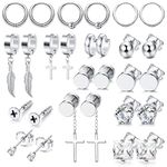 YADOCA 14 Pairs Mens Stud Earrings Hoop Earrings for Men Women 316L Stainless Steel Hypoallergenic Cross Dangle Earrings Long Chain Kpop Earrings Silver