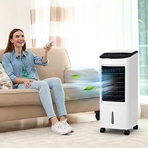 GYMAX Condizionatori a Evaporazione, Timer e Telecomando, 7L, 3 Modalità e 3 Velocità, Raffreddatore d'Aria Portatile senza Tubo, Climatizzatore Evaporativo, Ventilatore, 30 x 27 x 74 cm, Bianco