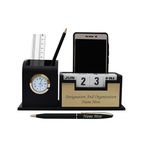 SAVRI Personalized Wooden Desk Organizer and Pen With your Name, Designation, Company, School, College, Hospital. Clock, Pen Stand, Mobile Phone & Card Holder Teachers gift, Best for teacher's day